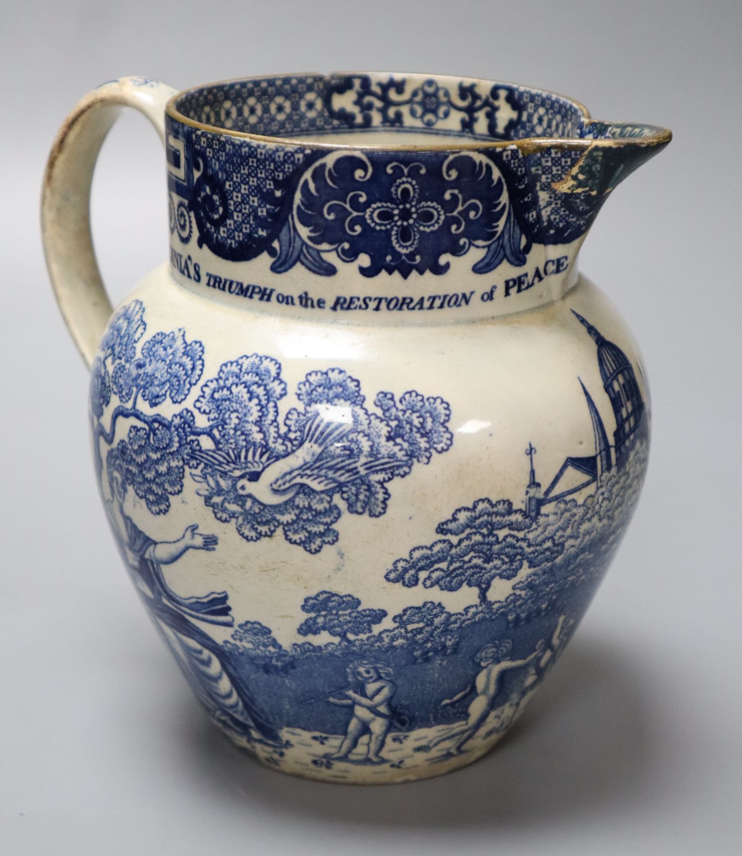 A rare pearlware jug commemorating the Peace of Amiens, c.1802, probably Swansea Pottery, 17cm